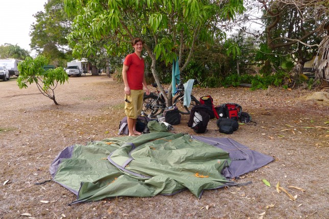 Our already deflated tent between lots of campervans on the Marlborough Hotel Grounds